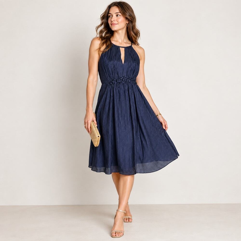 Esley Navy Striped Dress Sleeveless Fit & Flare Cocktail Party Dress L